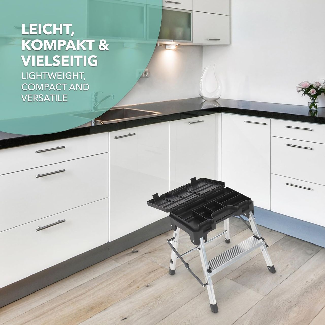 Kraft Werkzeuge Trittleiter zweistufig mit Werkzeugbox
