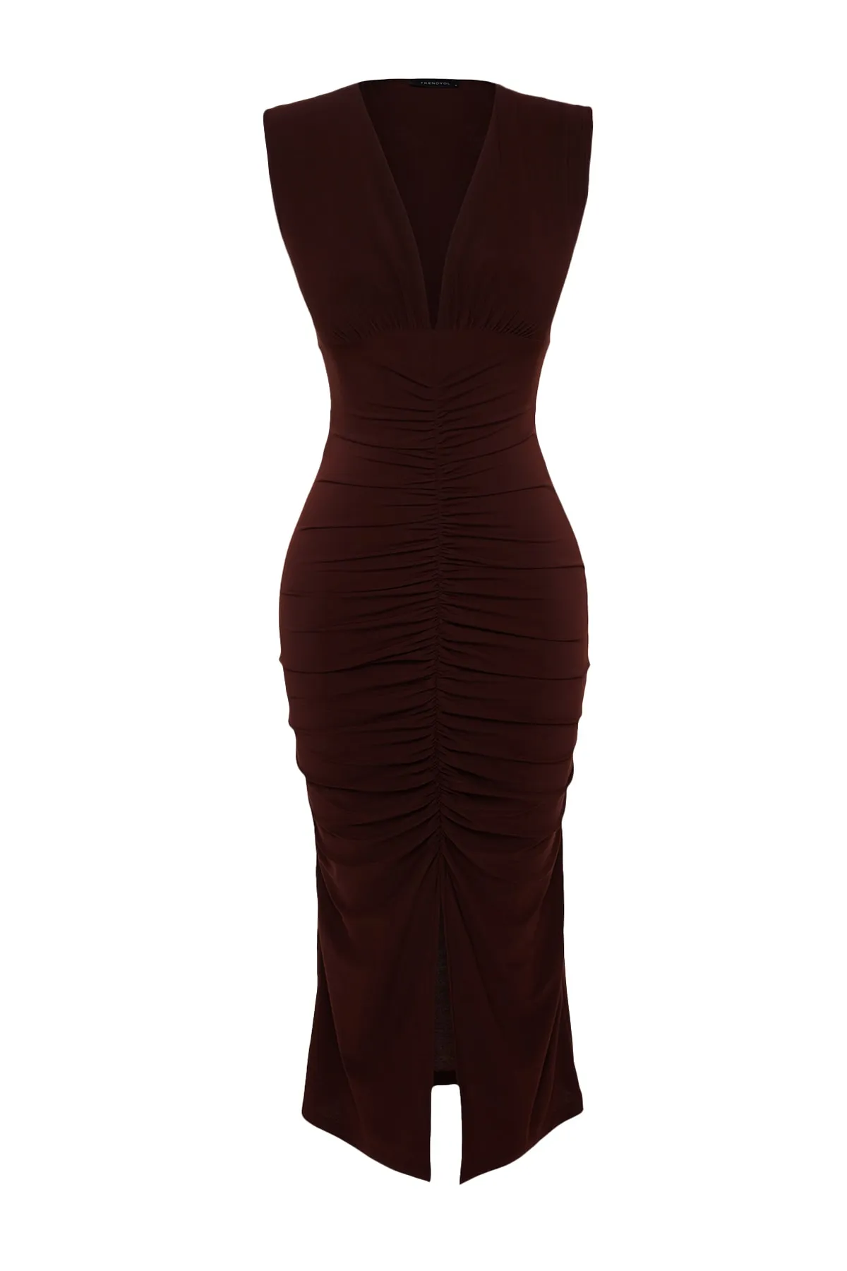 Trendyol Collection  Dunkelbraunes tailliertes/tailliertes Midi-Bleistiftkleid aus flexiblem Strick mit Raffdetail TWOSS23EL00751