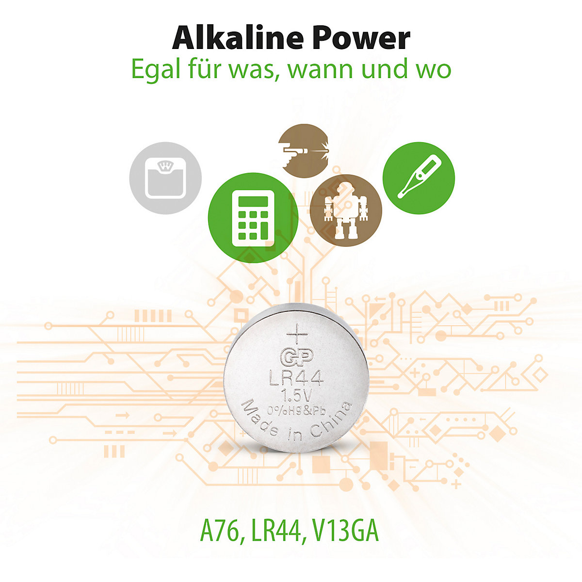 Knopfzelle GP Alkaline LR44, 76A, 1,5 Volt, 4er Blister