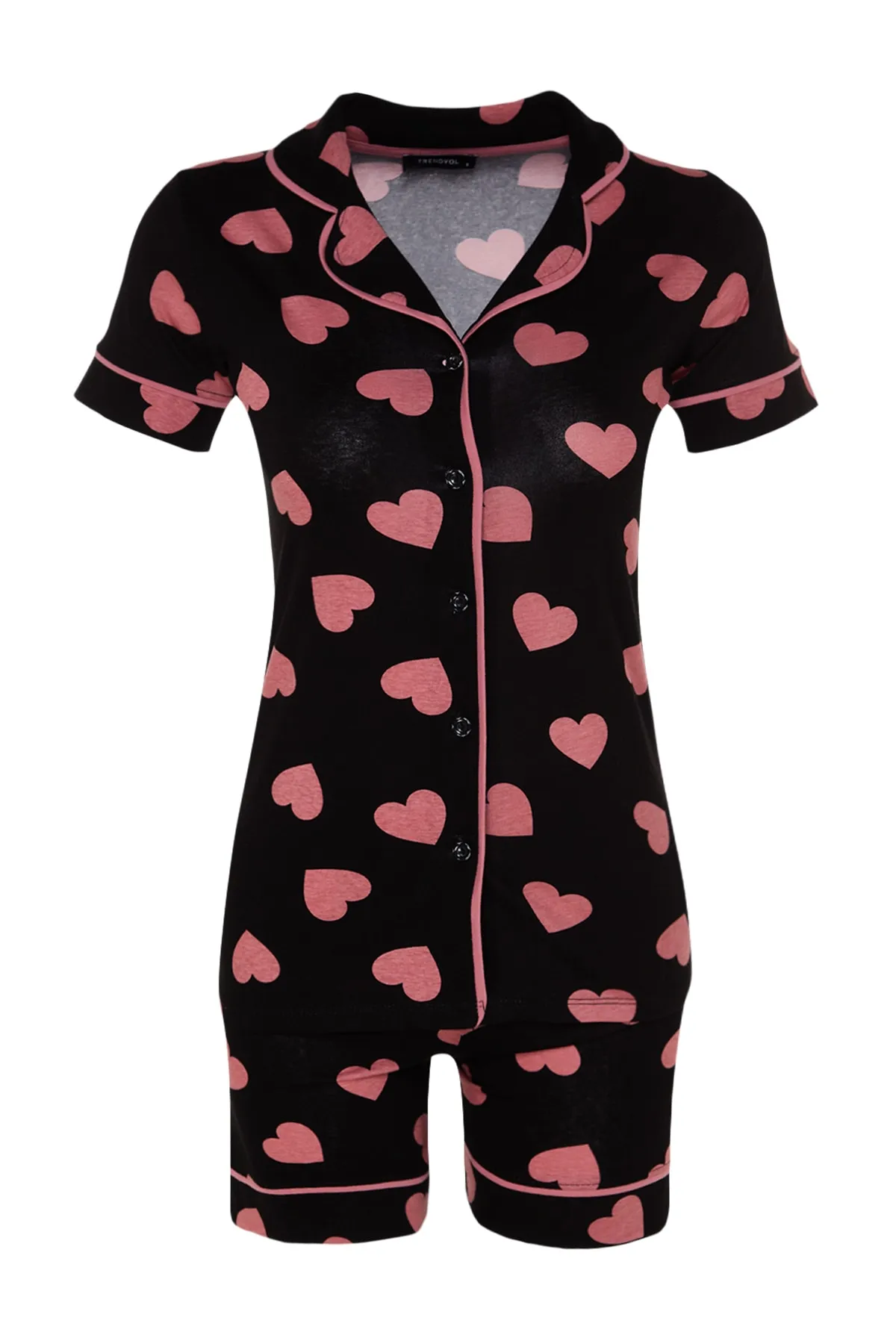 Trendyol Collection  Mehrfarbiges Strick-Pyjama-Set aus 100 % Baumwolle mit herzgemusterten Paspeln und detaillierten Hemd-Shorts THMSS21PT1200