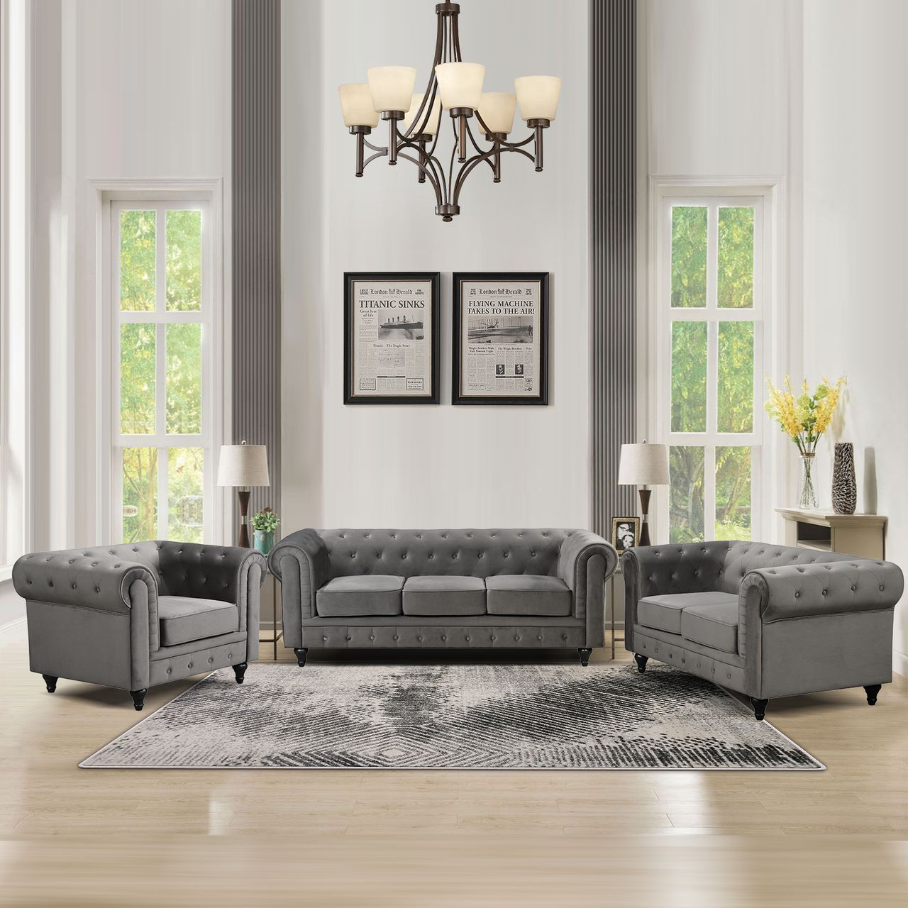 Happy Home Sofa-Set 3tlg. gepolsteter 3-2-1 Sitzer HSP106-DGR grau Samtstoff
