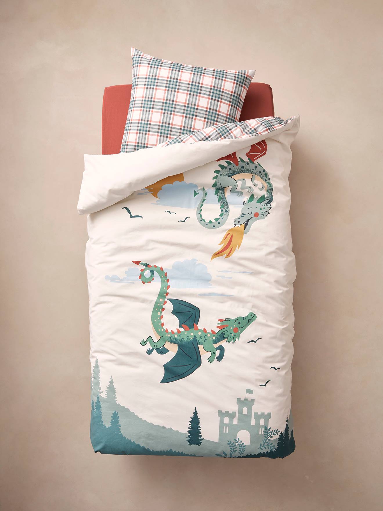 Vertbaudet Kinder Bettwäsche-Set DRACHE mit Recycling-Baumwolle Oeko-Tex - weiß bedruckt