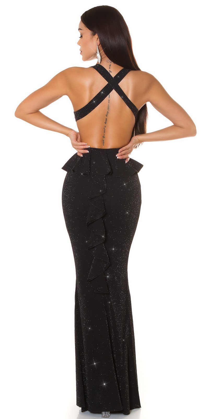 Koucla Abendkleid glitzerndes Maxikleid Partykleid mit Schößchen und offenem Rücken