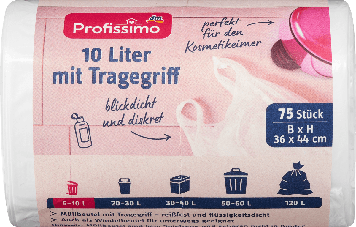 Müllbeutel 10l mit Tragegriff Kosmetikeimer, 75 St