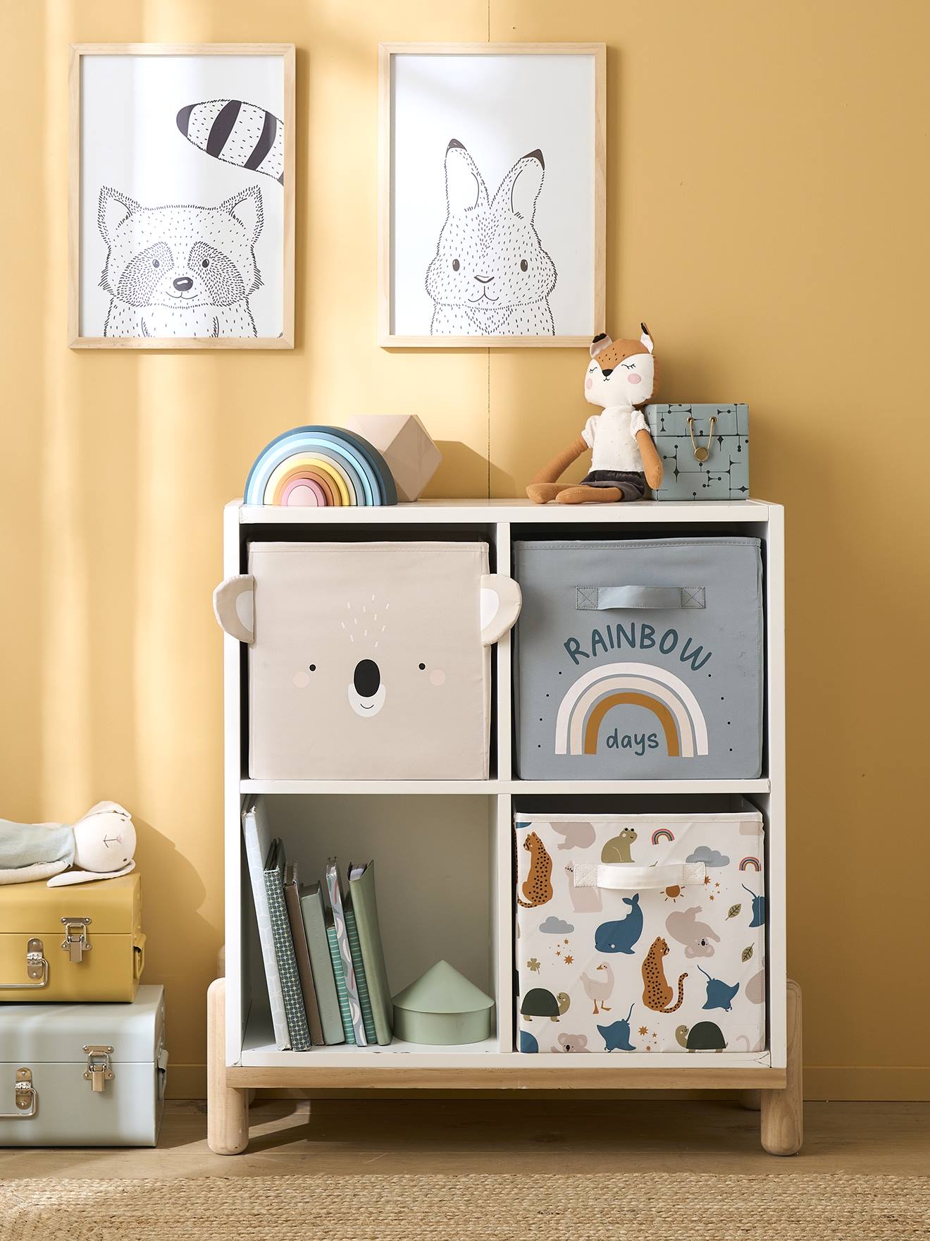 Lot de 3 bacs de rangement en tissu MINI ZOO bleu grisé