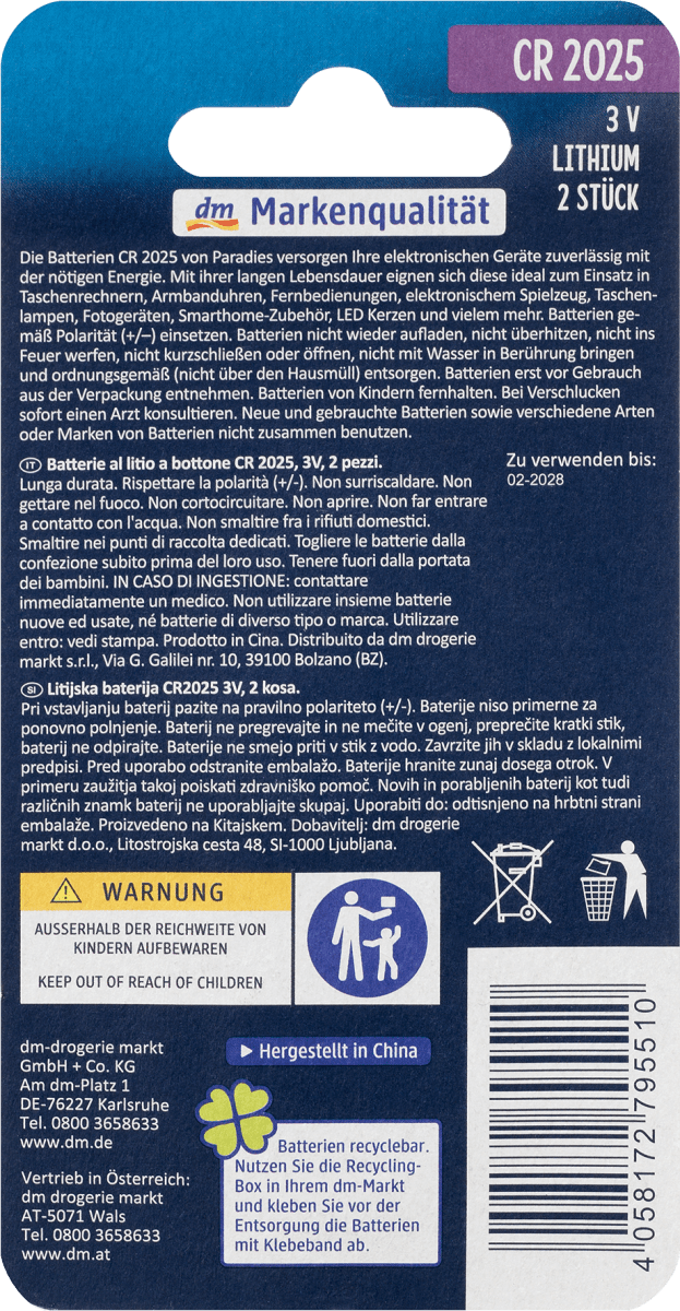 Batterien\tKnopfzelle CR2025, 2 St