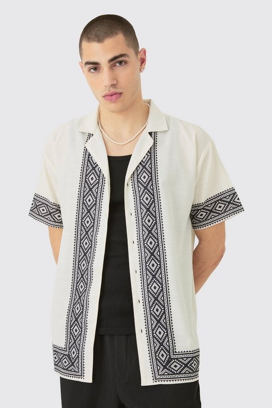 Oversized Linen Look Aztec Border Shirt