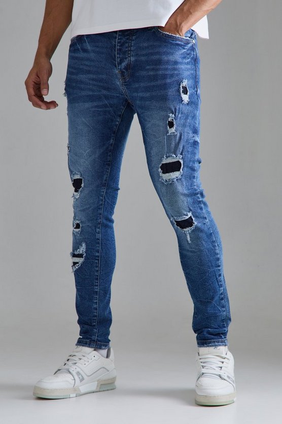 Mittelblaue Skinny Stretch Jeans mit Rissen