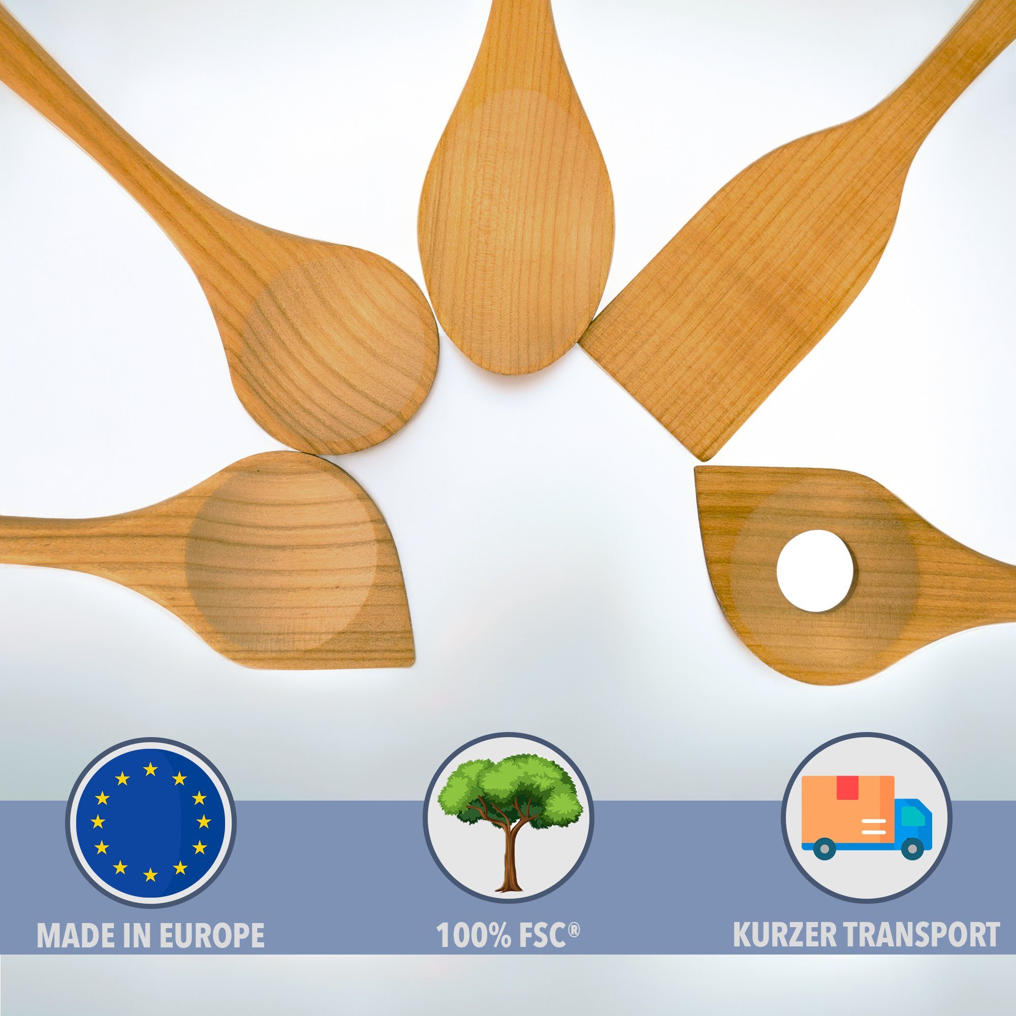 SOHFA Kochlöffel Kirschholzlöffel 5er Set aus hochwertigem europäischen Holz - 30cm, Kirschholz