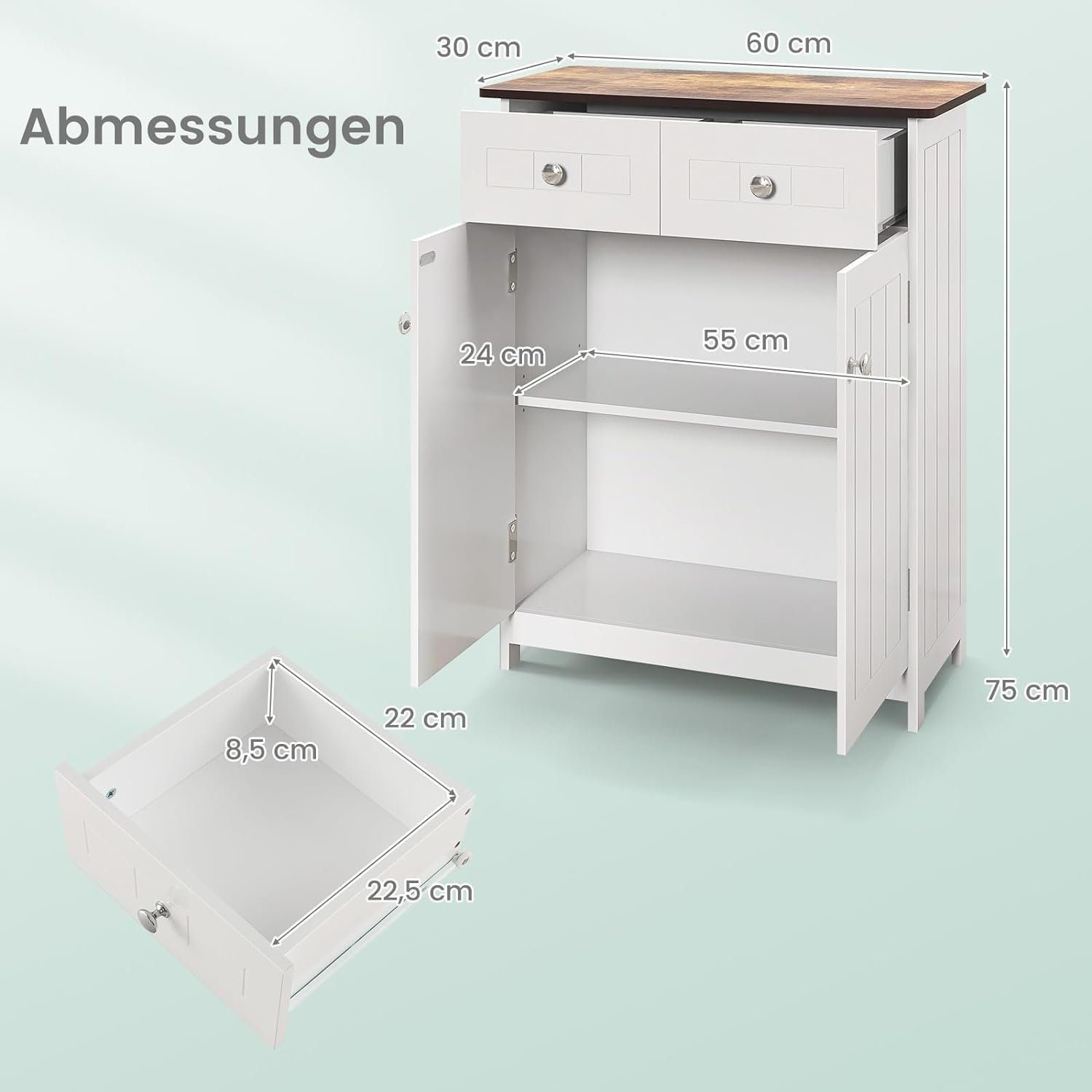 KOMFOTTEU Kommode Badzimmerschrank, mit höhenverstellbarem Regal, 60 x 30 x 75 cm