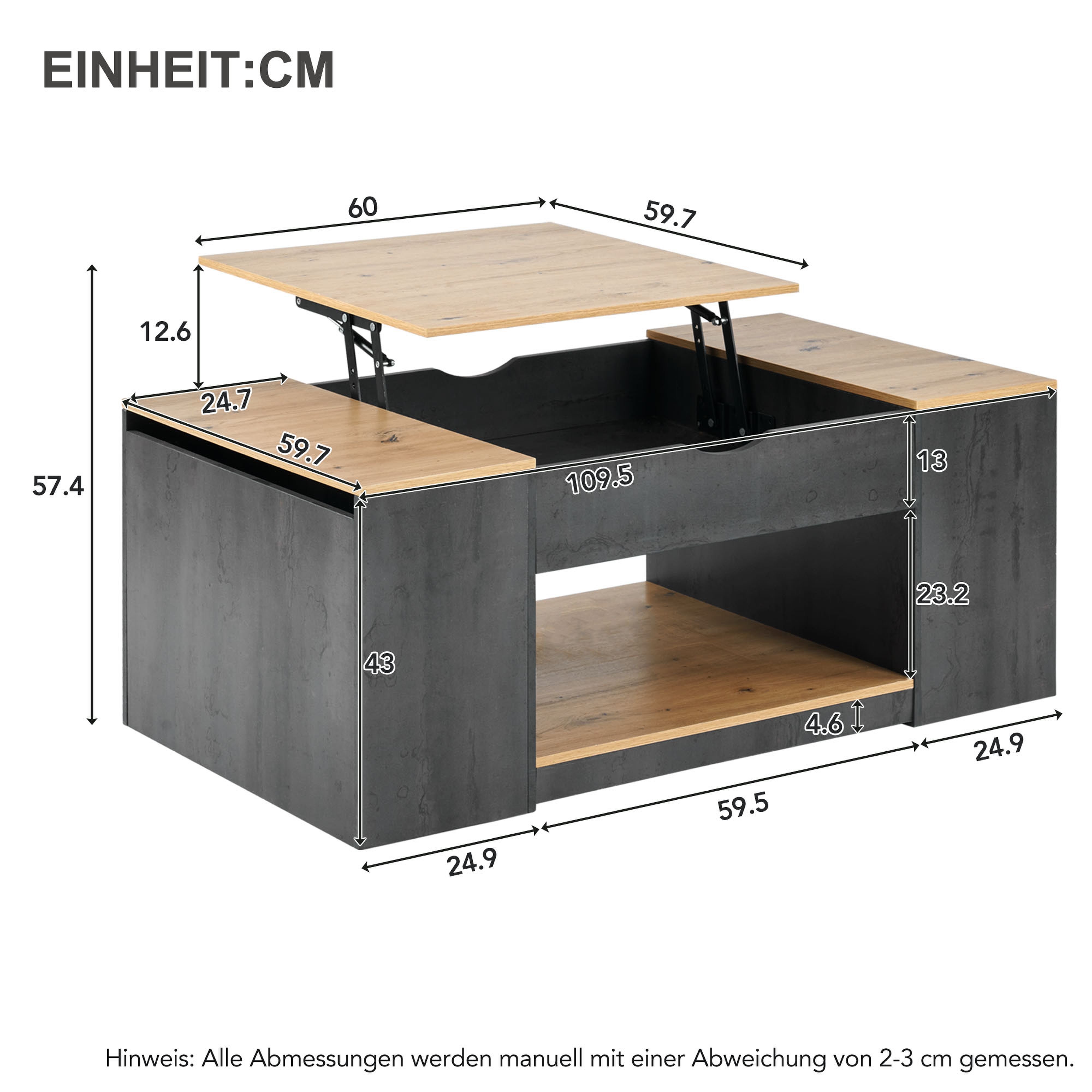 BlingBin Couchtisch Wohnzimmertisch (1-St., mit Liftfunktion, Stauraum unter der Tischplatte), Hubauszugstischplatte, 3 versteckte Fächer, ein offener Stauraum