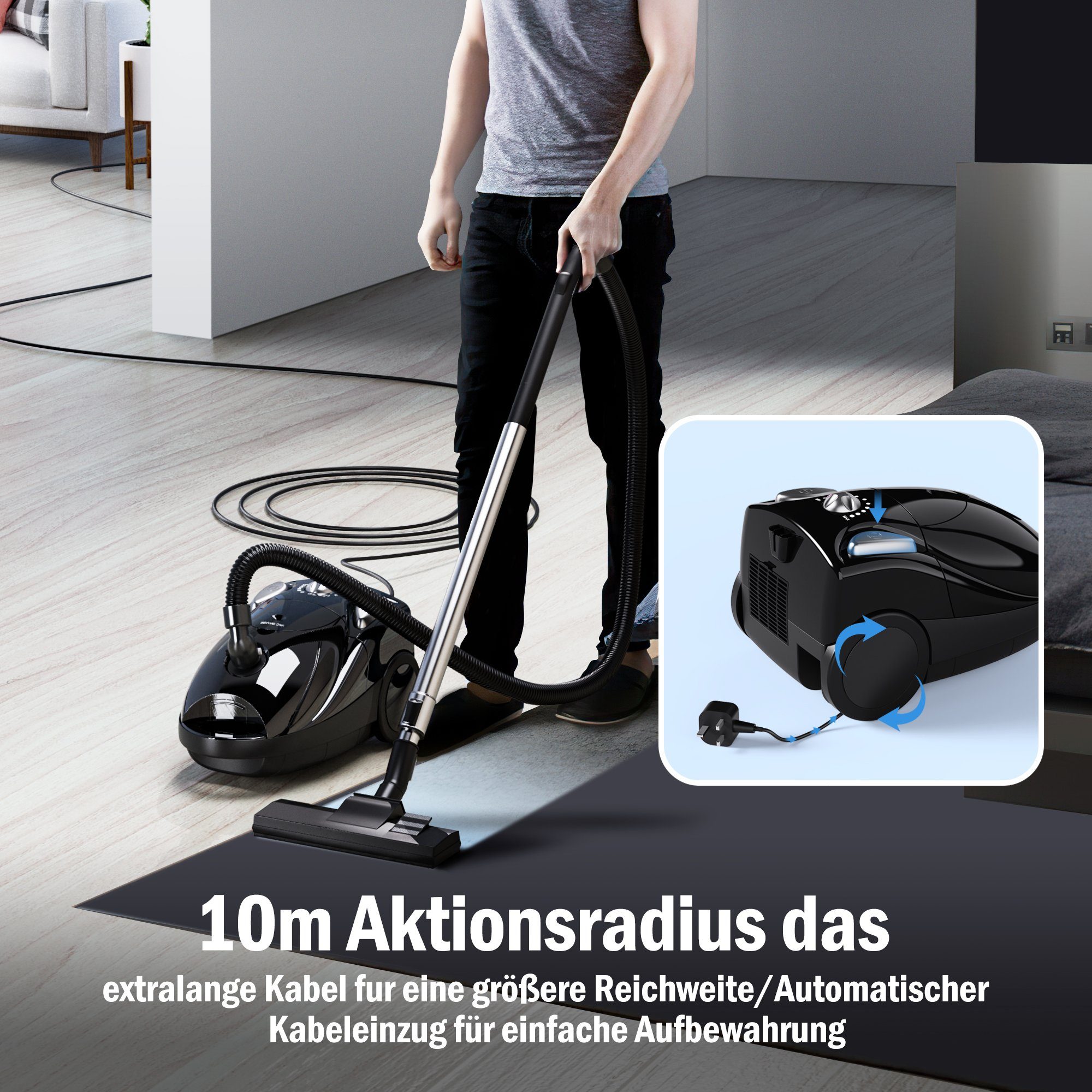 Mutoy Bodenstaubsauger Bodenstaubsauger, Staubsauger,Power Efficiency Motor, 1200,00 W, mit Beutel, Einstellung der Saugleistung,Automatischer Kabeleinzug,für Hartboden