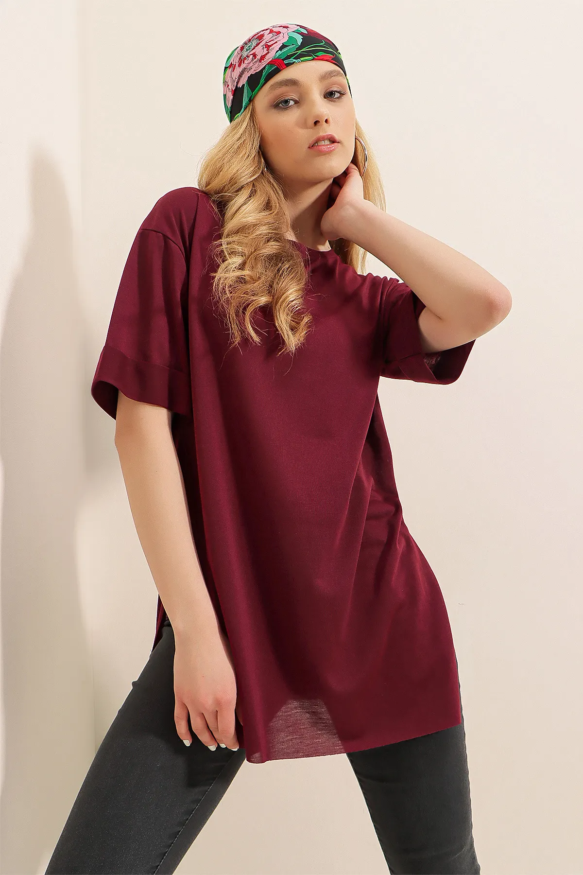 Bigdart  4123 Übergroßes T-Shirt mit Schlitz – Pflaume