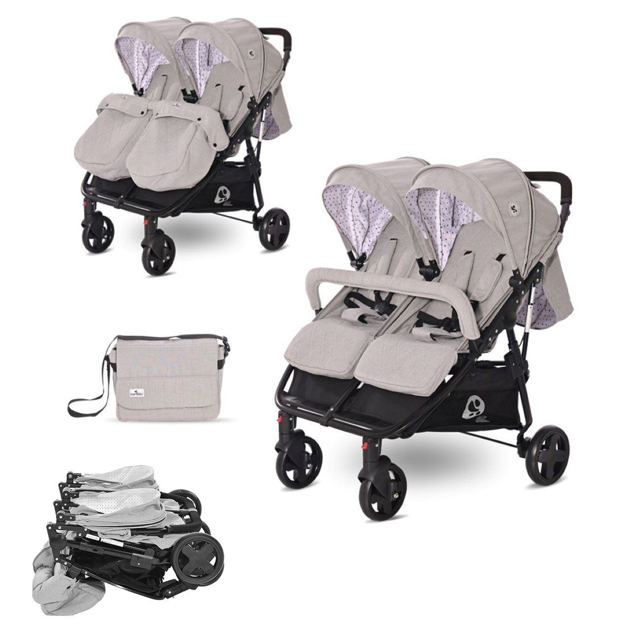 Lorelli Zwillings-Kombikinderwagen Geschwisterkinderwagen Duo, klappbar verstellbar Fußabdeckung Wickeltasche