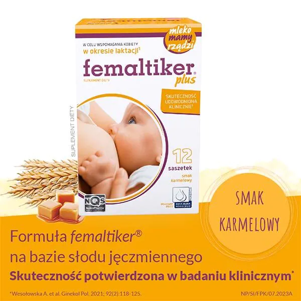 „Femaltiker Plus“ – maisto papildas, palaikantis laktaciją, karamelės skonio paketėliai
