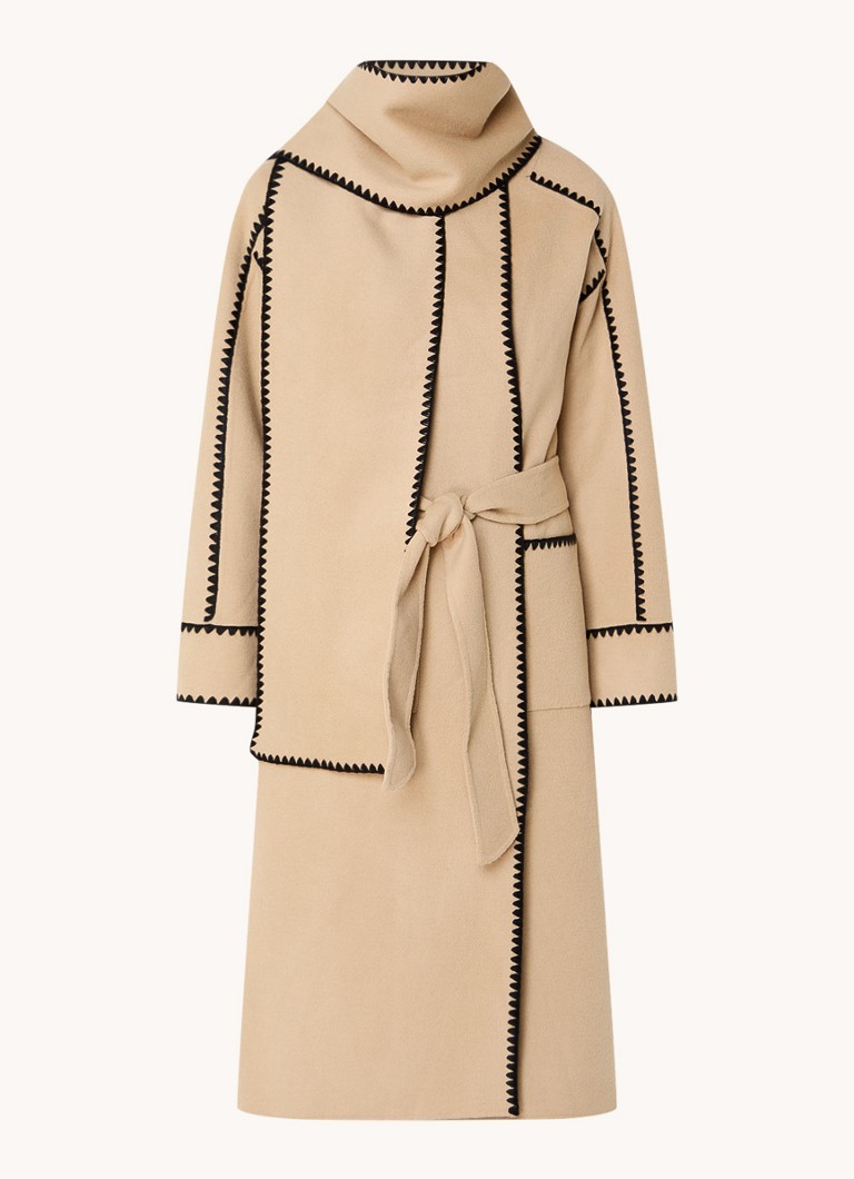 Maje coat in wool blend with bow belt and embroidery
