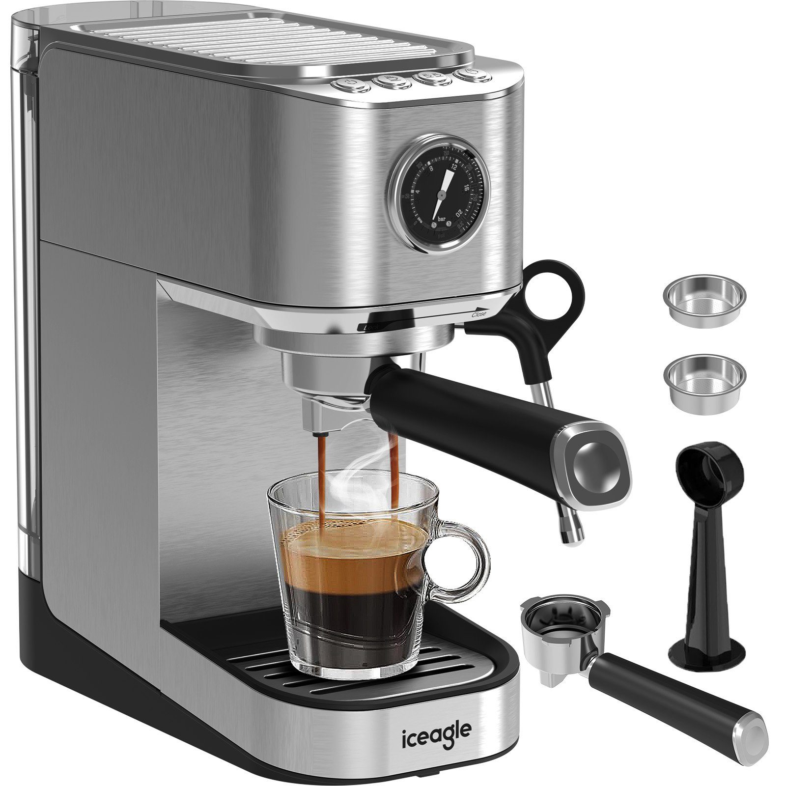 iceagle Espressomaschine Espressomaschine,Kaffeemaschine mit Milchschaumdüse, Filter aus rostfreiem Stahl, für Espresso&Cappuccino, Siebträgermaschine einstellbar Temperatur