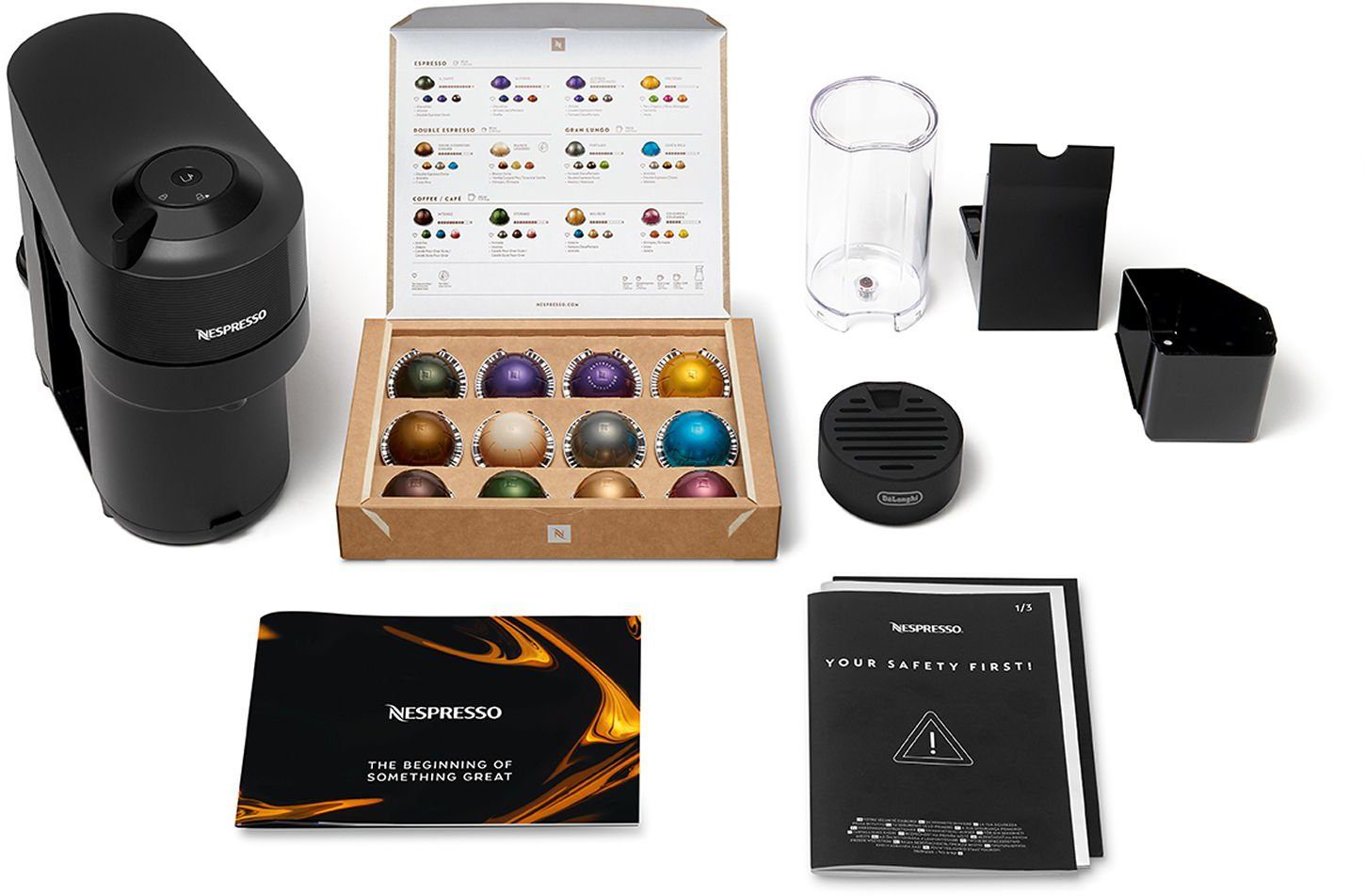 Nespresso Kapselmaschine Vertuo Pop ENV90.BAE von DeLonghi, inkl. Aeroccino Milchaufschäumer, Willkommenspaket mit 12 Kapseln