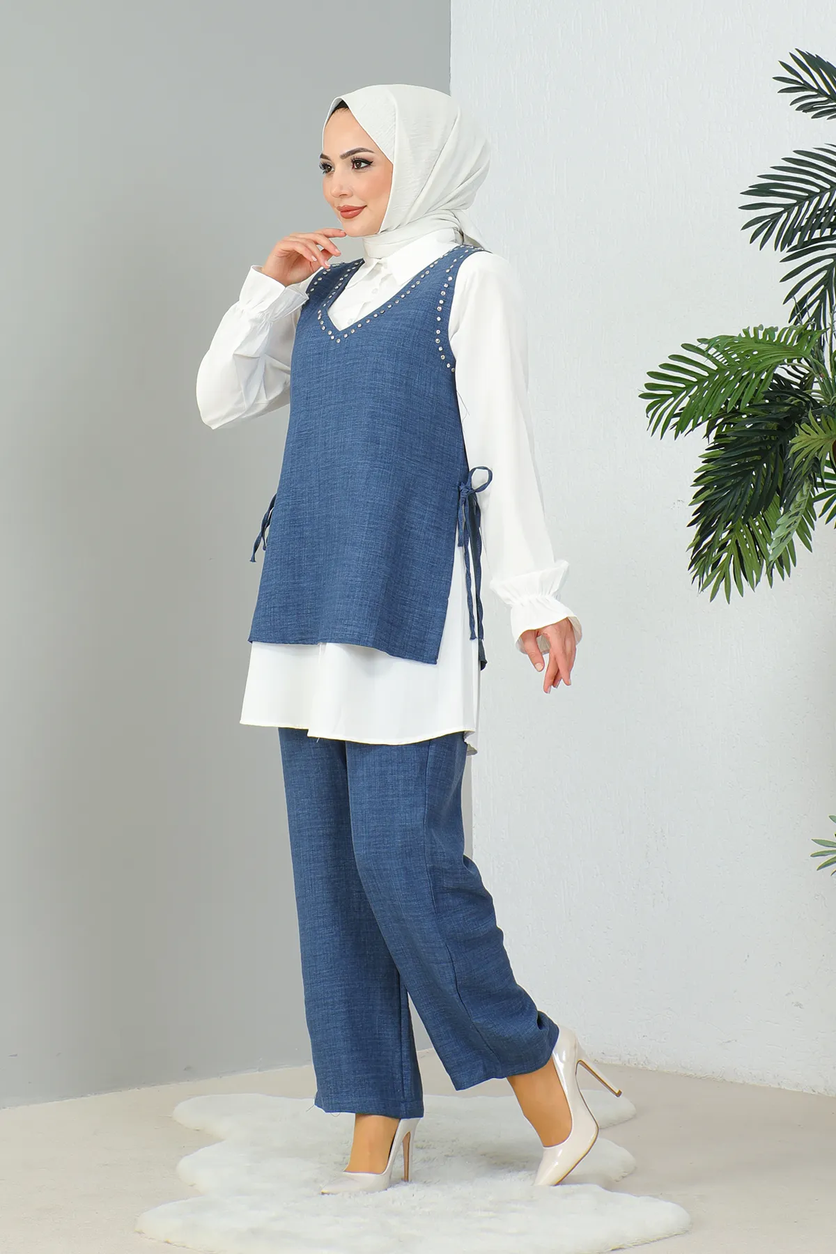 MODAQU  Indigoblaues Leinenset – Dreierset mit Steindetail