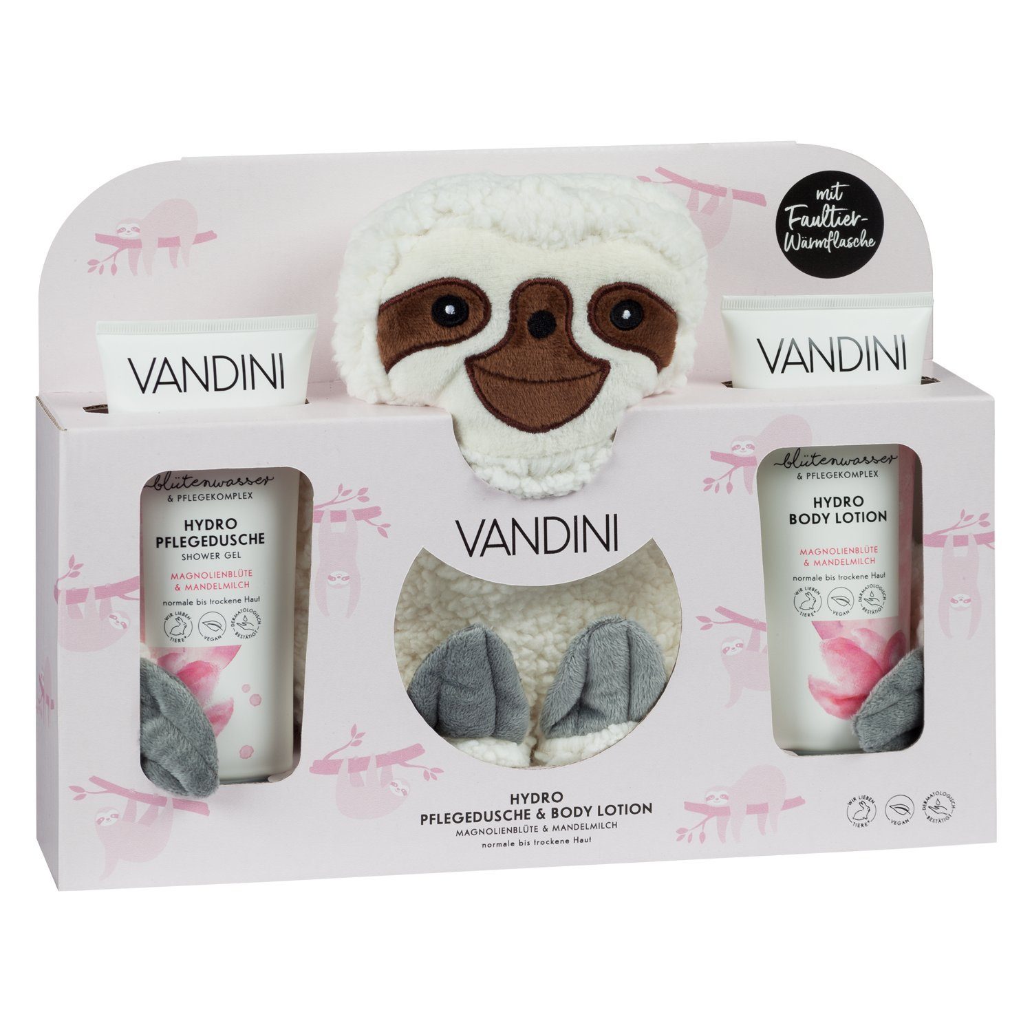 VANDINI Hautpflege-Set Geschenkset, Faultier Wärmflasche, Hydro Duschgel & Body Lotion, 1-tlg.