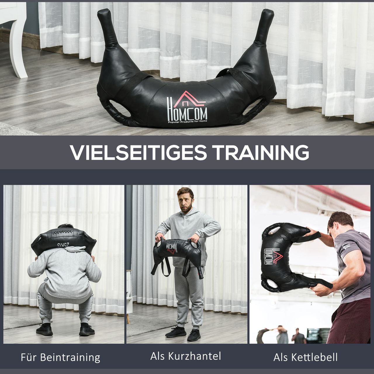 HOMCOM Bulgarian Bag Krafttrainingstasche 25kg Krafttraining Trainingsgerät für Fitnesscenter und Zuhaus Gewichtssack Sandsäcke mit 2 Griffen und 2 Tragegurten Metallsand Schwarz