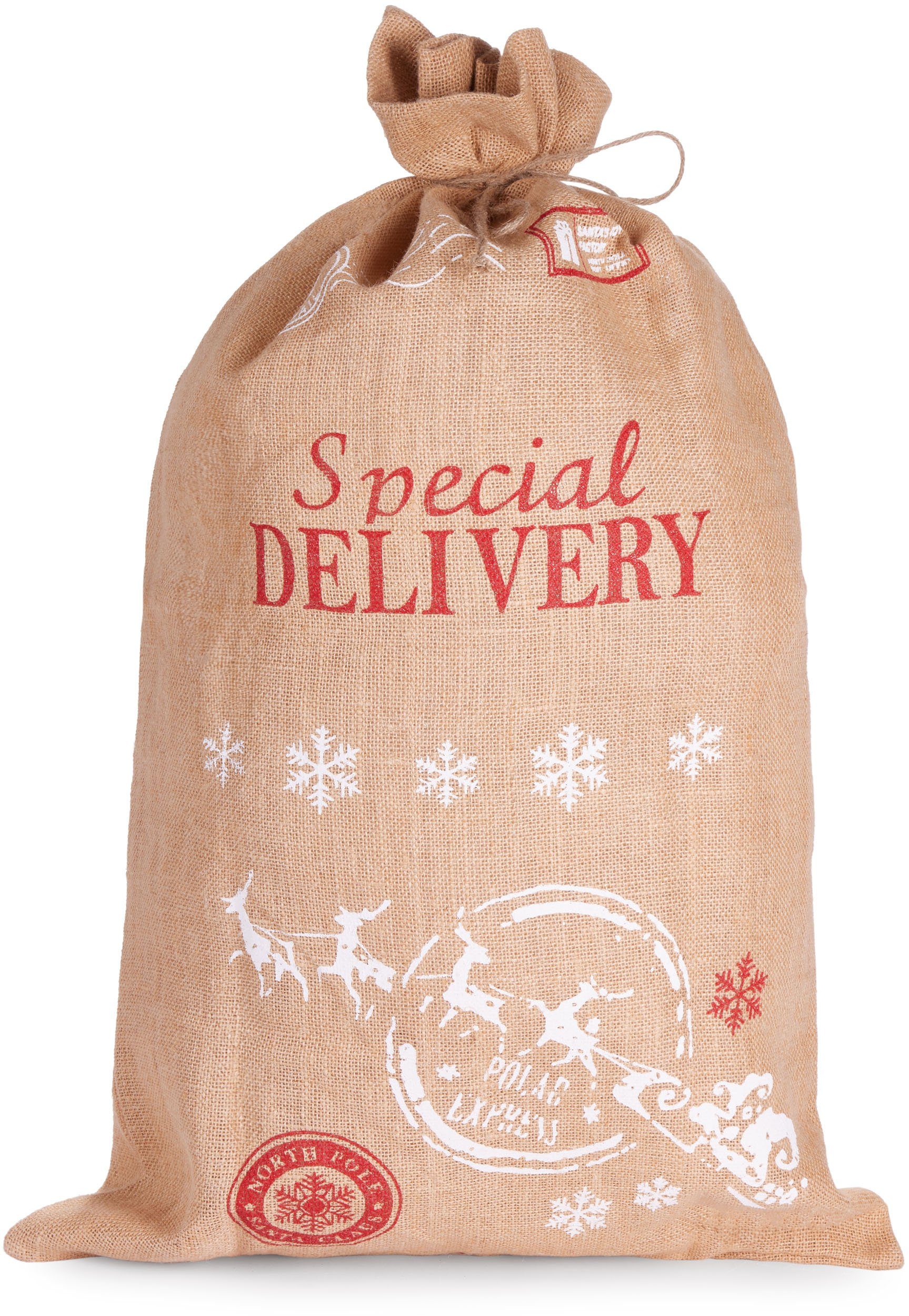 BRUBAKER Aufbewahrungstasche Weihnachtssack Special Delivery Weihnachtsmann mit Schlitten (Jutesack, 1-tlg., Weihnachten), Nikolaussack Jutebeutel Sack mit Kordel zum Verpacken von Geschenken
