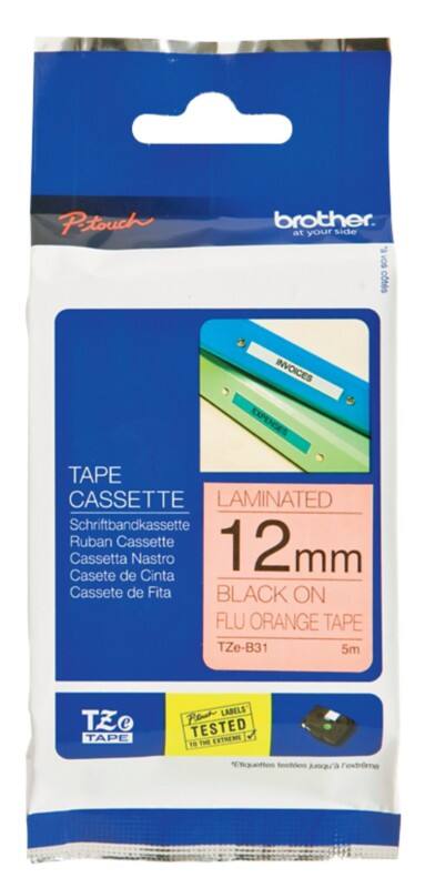 Brother TZe-B31 Authentic Floureszierend Schriftband Selbstklebend Schwarzer Druck auf Orange 12 mm x 5m