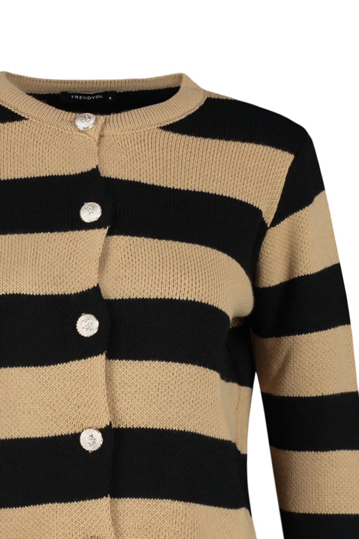 Trendyol Collection  Kamel gestreifter Basic-Strick-Cardigan TWOAW24HI00091