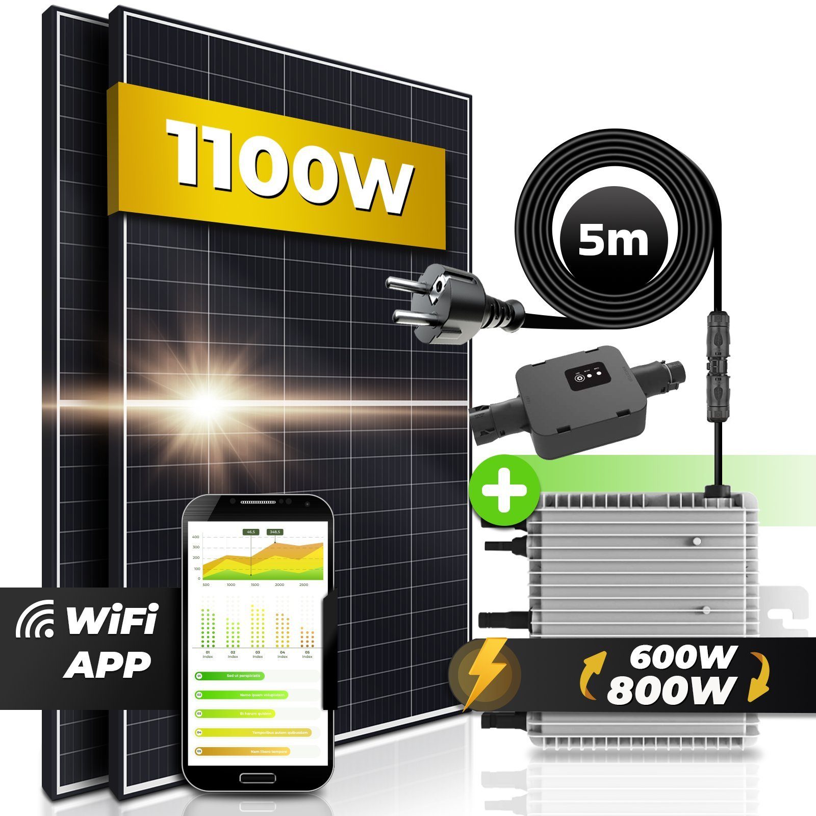 SUNNIVA Solaranlage Balkonkraftwerk 1100W, 800,00 W, Monokristallin, (DEYE Wechselrichter (drosselbar auf 600W oder 800W), Solaranlage Komplettset mit 5m Anschlusskabel für Schuko Steckdose, Balkon Mini-PV Anlage mit WIFI APP und Stromerzeugung Messu