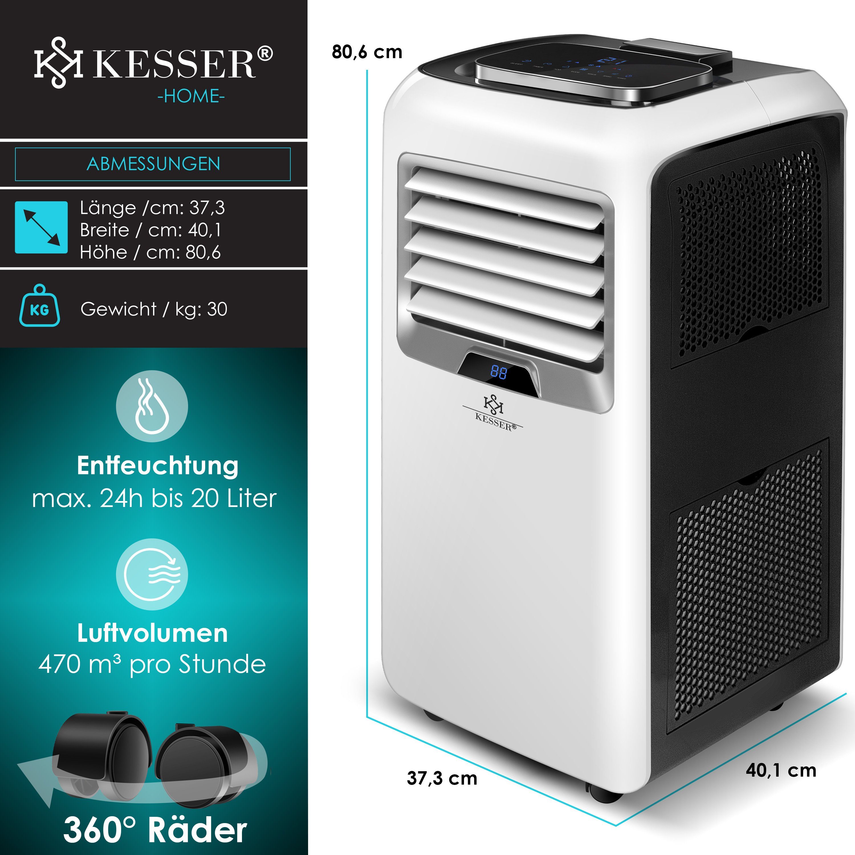 KESSER Klimagerät, Klimaanlage Mobiles Klimagerät 4in1 kühlen, Luftentfeuchter