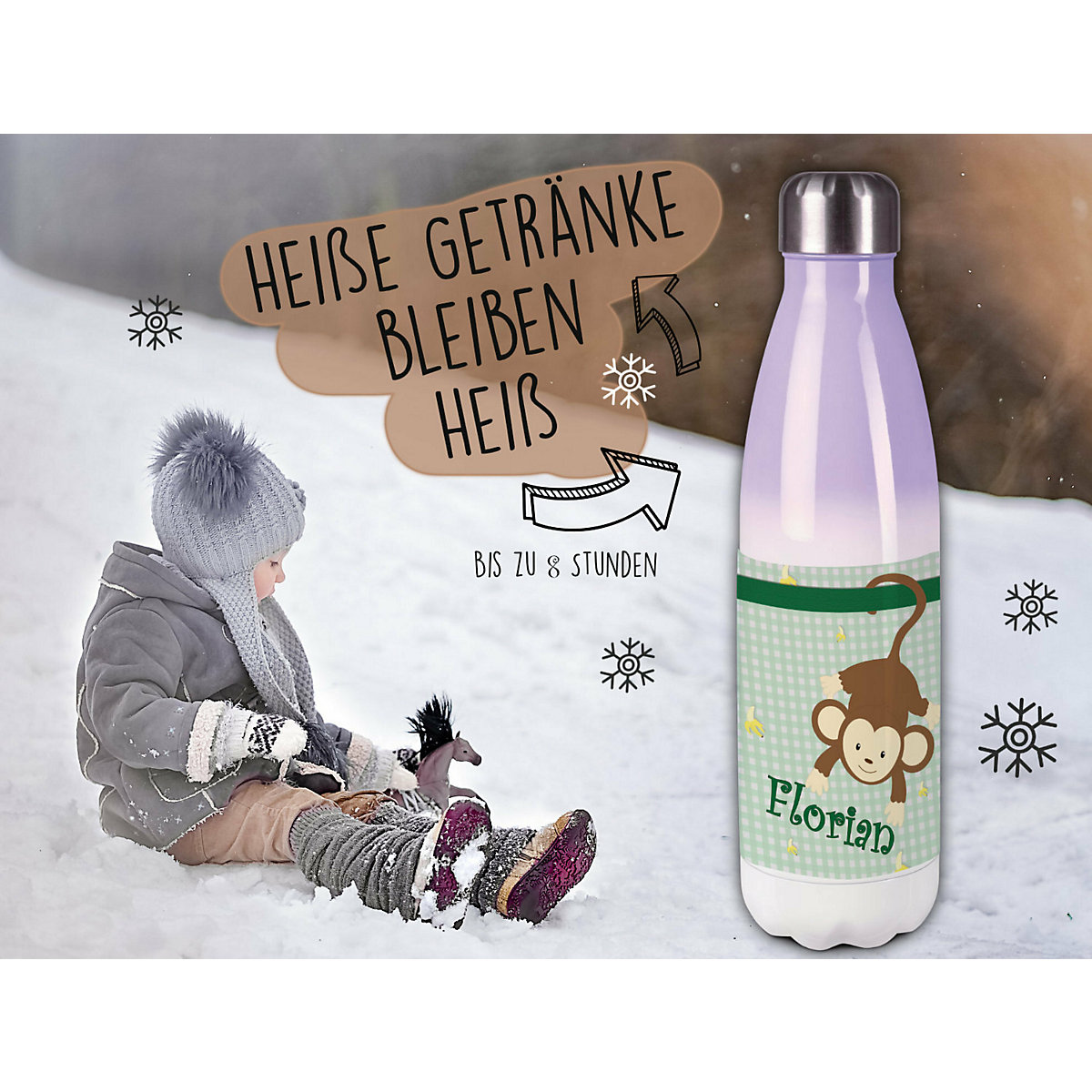 Edelstahl Kinder Thermoflasche / Trinkflasche bunt Affe hängend Farbe grün Spülmaschinenfest, Auslaufsicher, Bruchfest, Doppelwandig, Für Heißgetränke geeignet, Mit Deckel, Isoliert