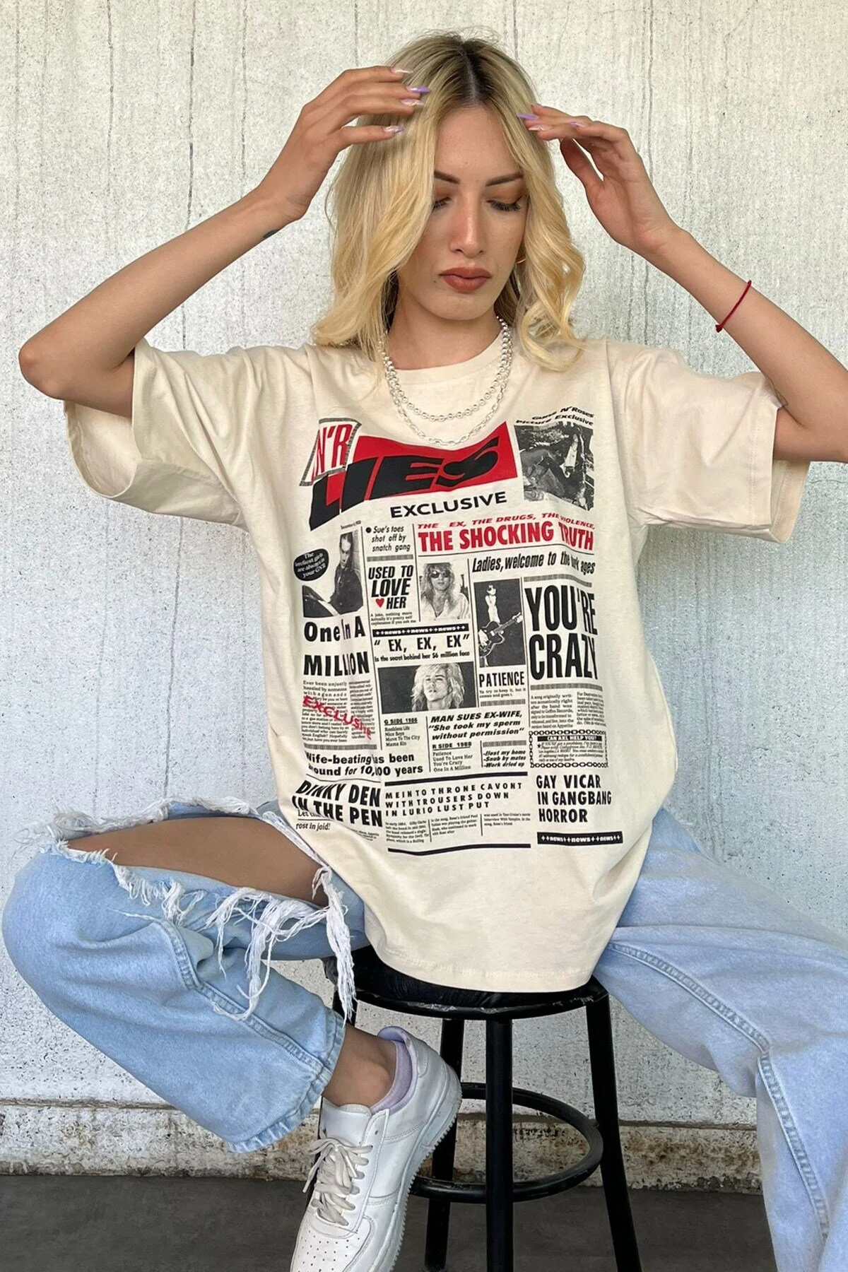 Madmext  Beiges, hinten bedrucktes Over-Fit-Damen-T-Shirt Mg1506