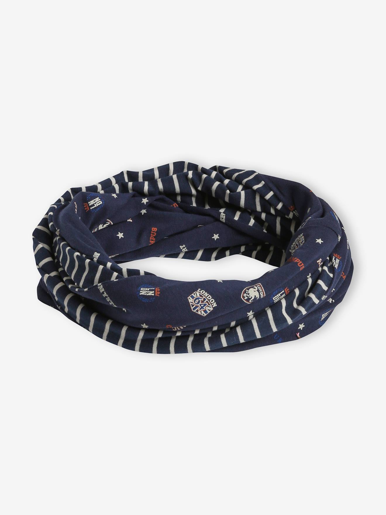 Snood réversible garçon rayé/écussons marine
