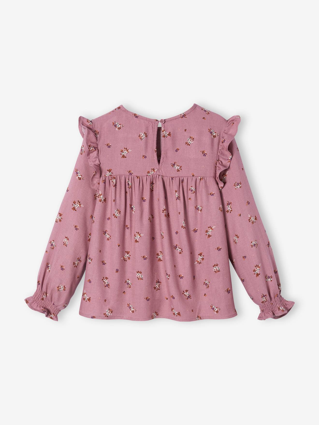 Blouse fleurie fille manches volantées bleu grisé