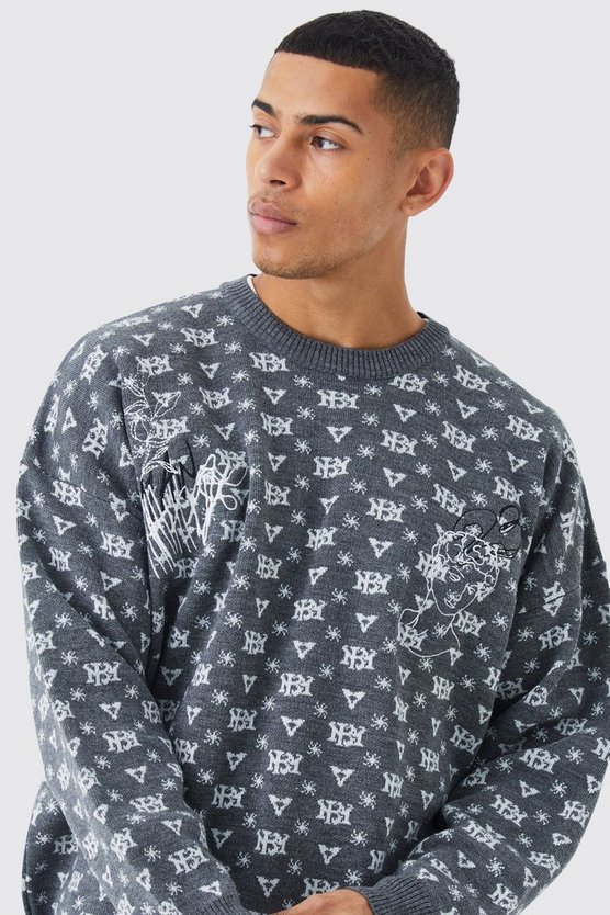 Oversize Strick-Pullover mit Print