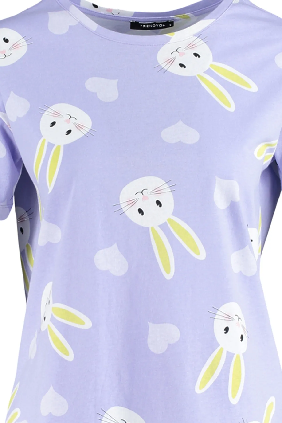 Trendyol Collection  Lila T-Shirt-Shorts aus 100 % Baumwolle mit Herz-Kaninchen-Muster und gestricktem Pyjama-Set THMSS23PT00005