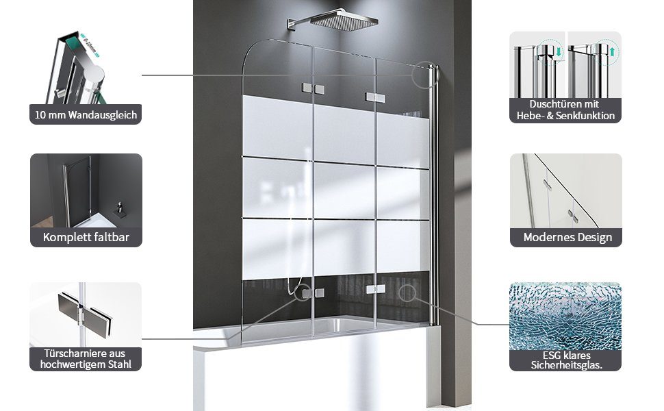 Boromal Badewannenfaltwand Badewannenaufsatz Glas 3 teilig Faltbar 180° Faltwand milchglas klar, Aluminiumsprofile,Sicherheitsglas, B:120-130cm H:140cm, Mit Hebe-/Senkfunktion, Rechts-und Links montierbar