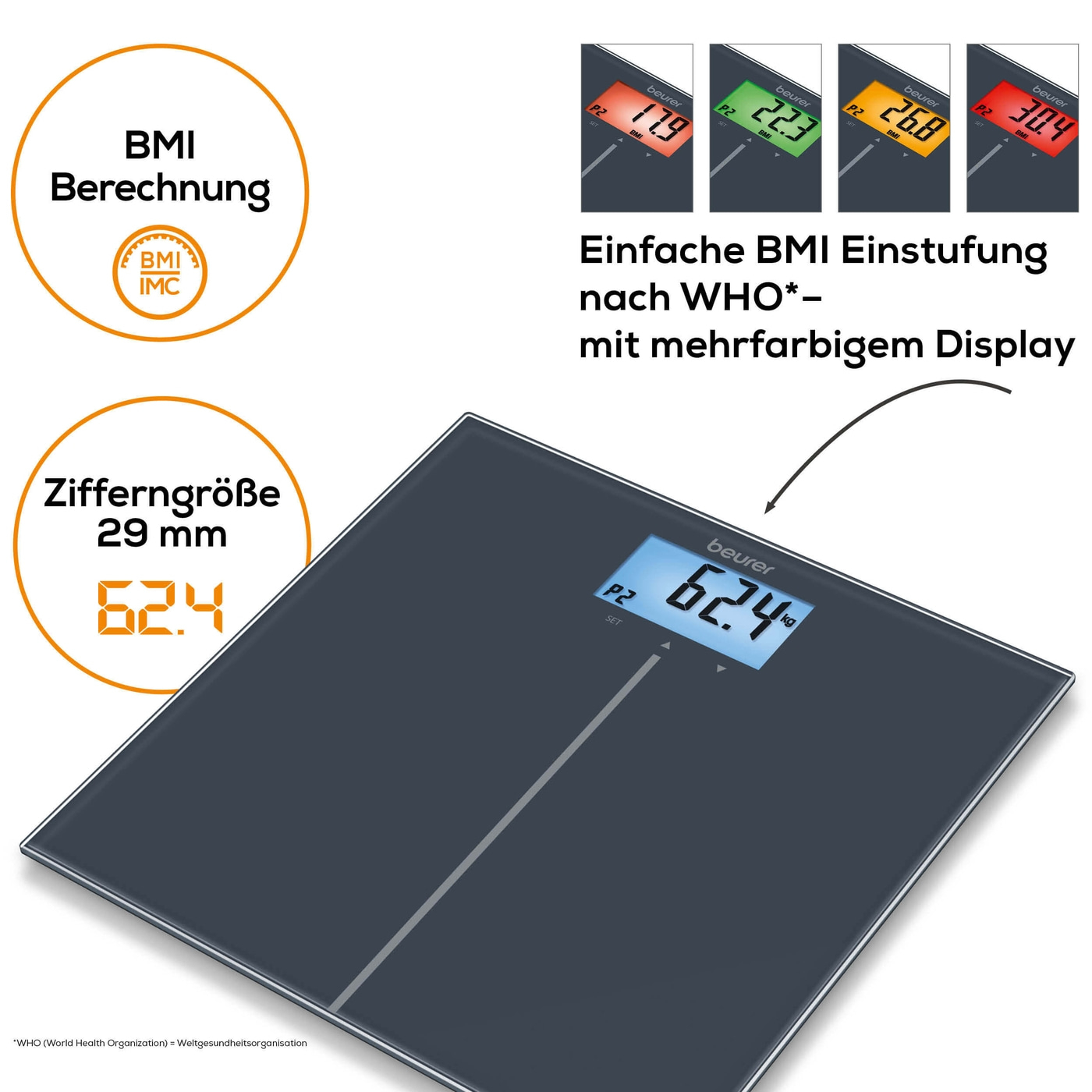 Beurer Glaswaage - GS 280 BMI Genius-Personenwaage aus Glas mit BMI Berechnung & farbigem Display - bis 180 kg