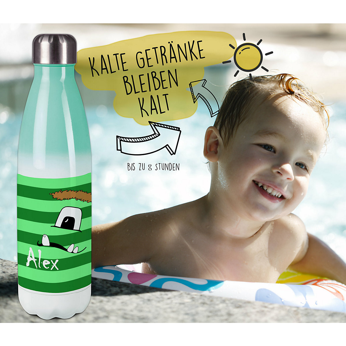 Edelstahl Kinder Thermoflasche / Trinkflasche bunt Monster Streifen Farbe grün Spülmaschinenfest, Auslaufsicher, Bruchfest, Doppelwandig, Für Heißgetränke geeignet, Mit Deckel, Isoliert