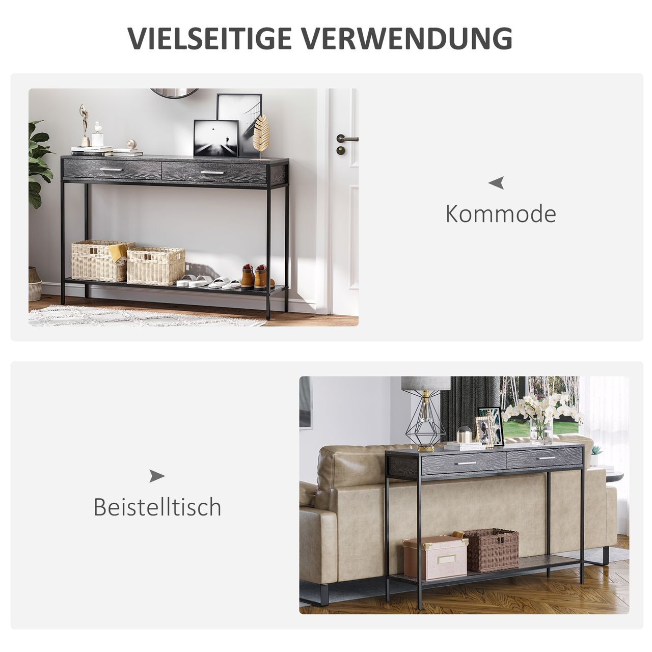 HOMCOM Konsolentisch Eingangstisch Beistelltisch 2 Schubladen Stahl Grau