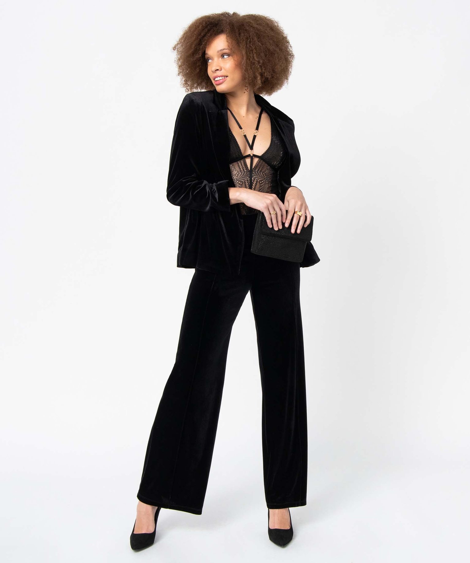 Pantalon femme en velours coupe ample noir | GEMO