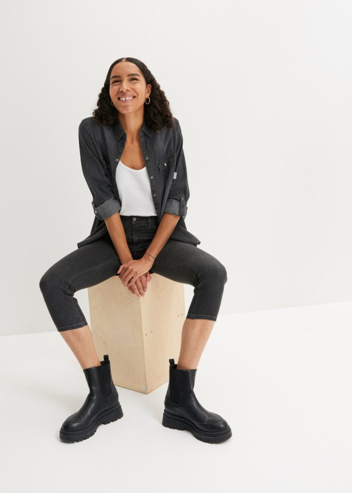Jeansbluse mit Druckknöpfen, Langarm