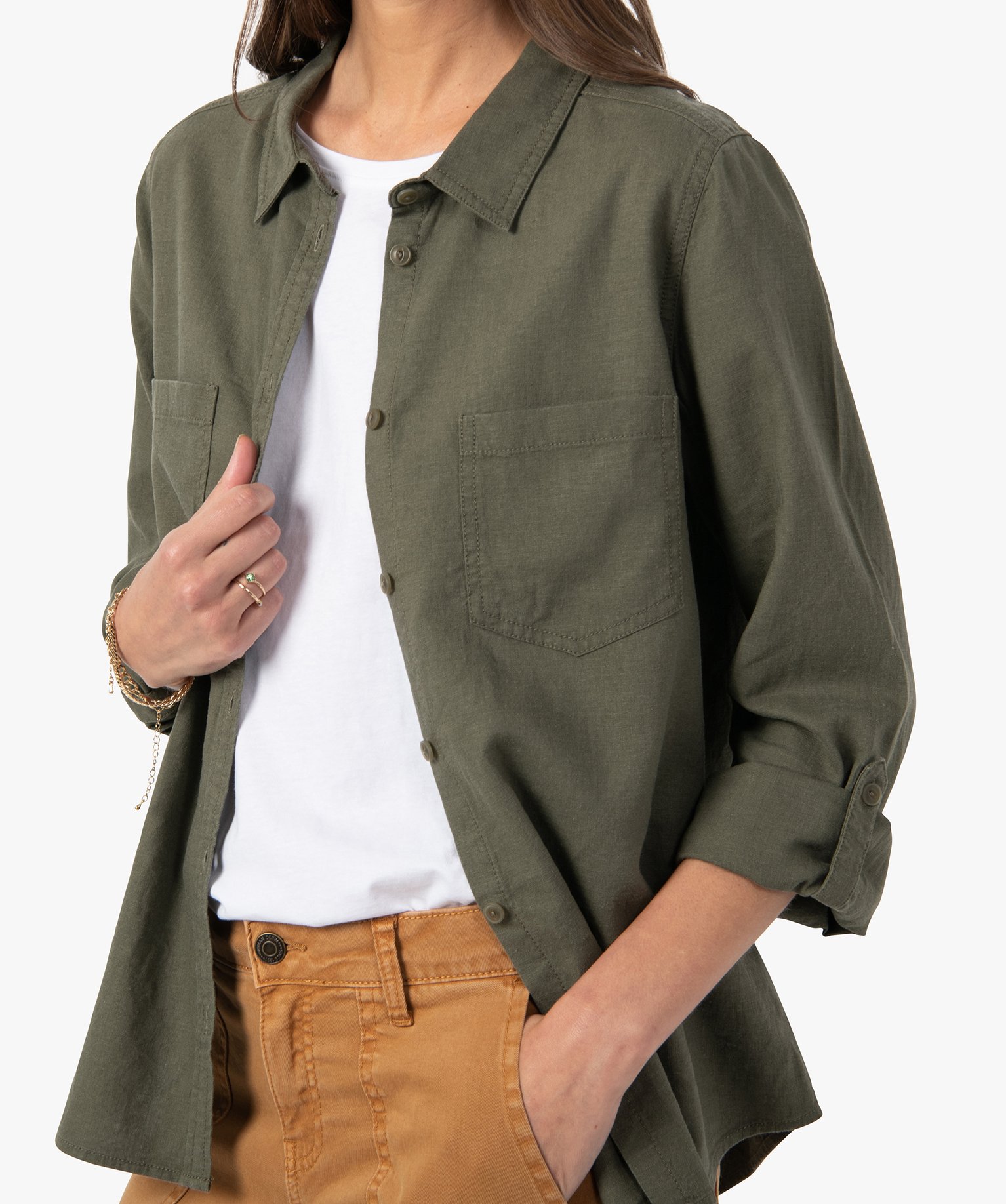 Chemise femme unie en lin et viscose kaki | GEMO