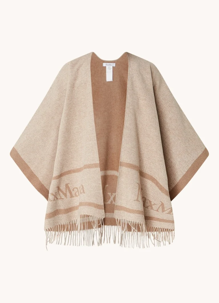 MaxMara  Fijngebreide poncho met logo en franjes