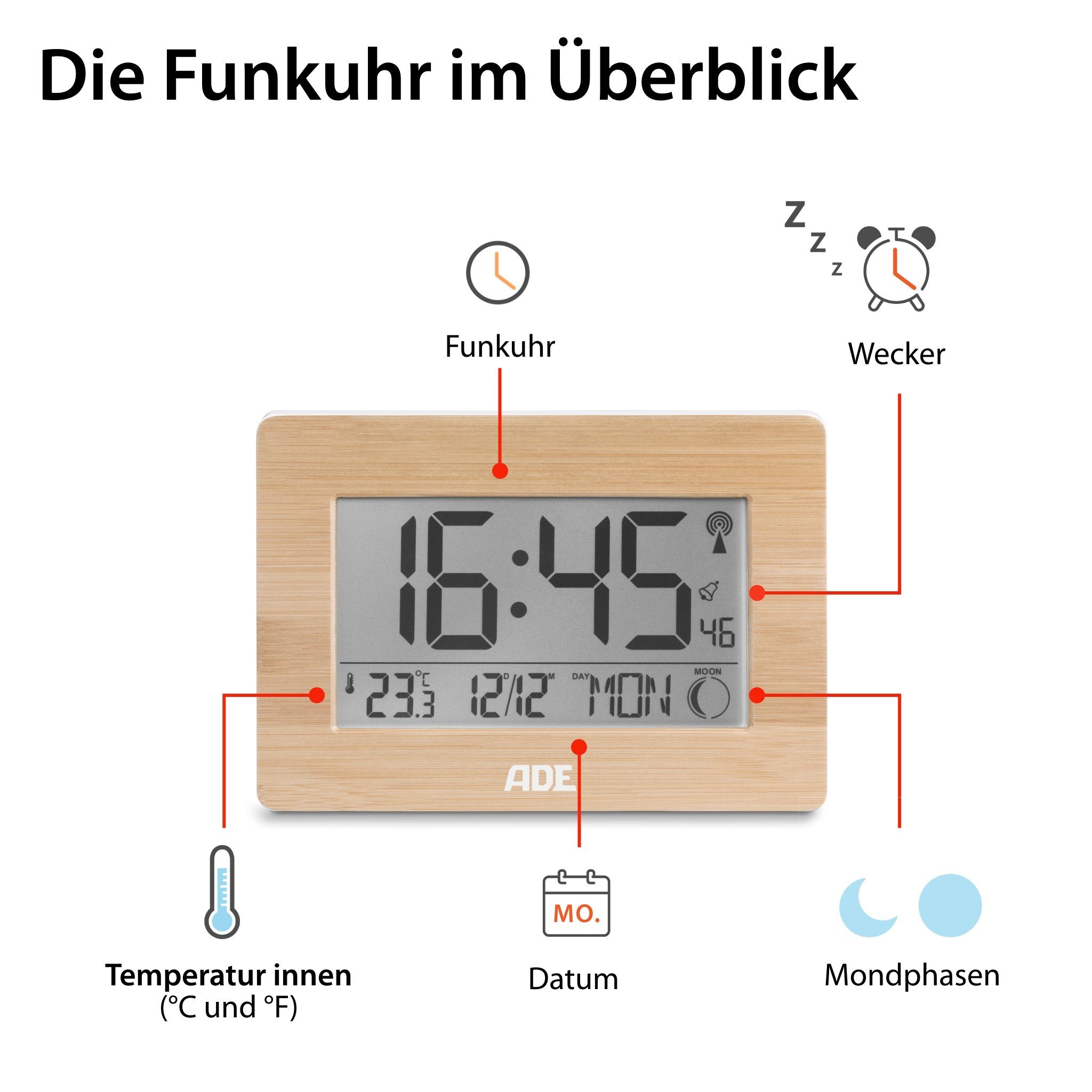 ADE Funktischuhr Digitale Tischuhr und Wanduhr mit großem Display Funkuhr aus Bambus mit Temperaturanzeige, digitaler Wecker, Kalender
