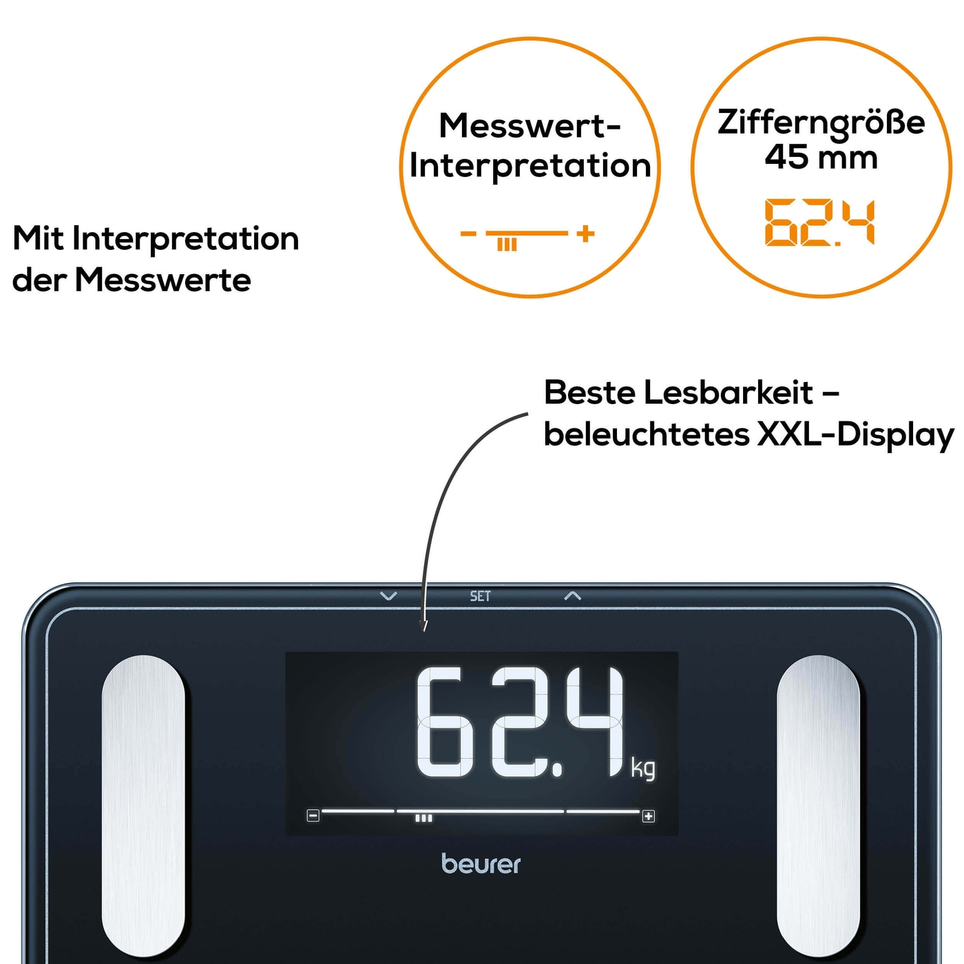 Beurer Diagnosewaage BF 410 SignatureLine White-Körperfettwaage mit Ganzkörperanalyse, Interpretation der Messwerte & XXL-Display - bis 200 kg