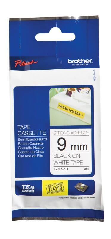 Brother TZe-S221 Authentic Schriftband Extra-stark klebend Schwarzer Druck auf Weiß 9 mm x 8m