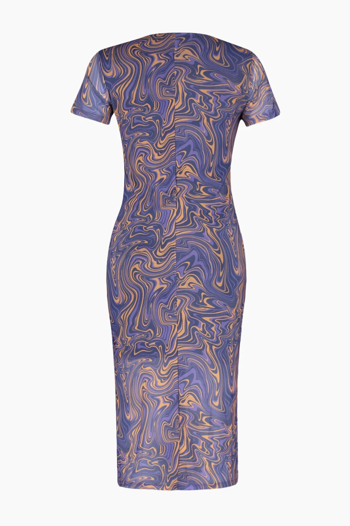 Trendyol Collection  Blaues, bedrucktes, kurzärmliges, tailliertes, flexibles Midi-Bleistiftkleid aus Tüll mit Rundhalsausschnitt TWOSS23EL01791