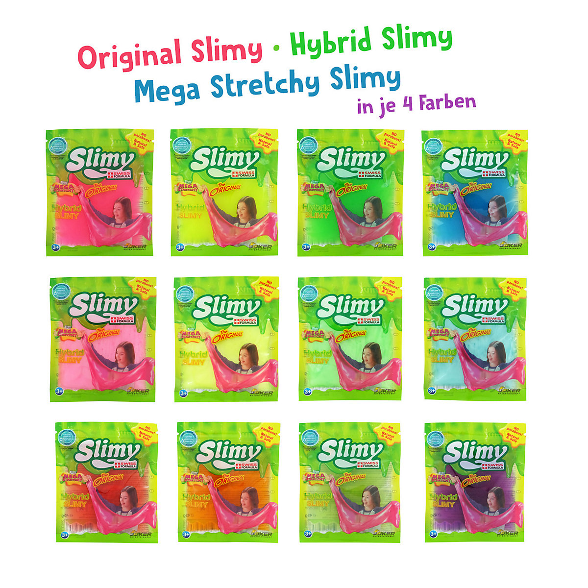 SLIMY® Original, Mega & Hybrid DREIERPACK - 3 x 45g Slime Spielmasse im Zip-Bag für farbenfrohen Knetspaß