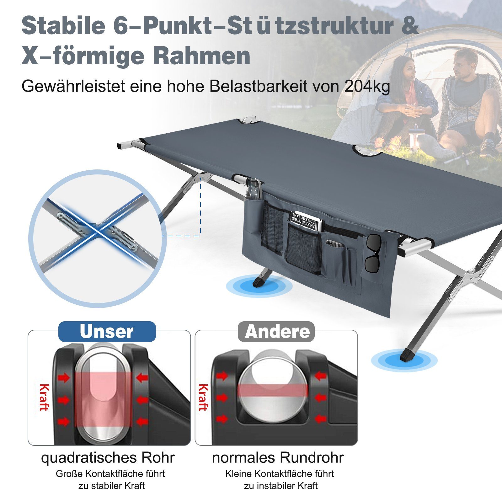 COSTWAY Feldbett Campingbett klappbar, mit Seitentasche, 130kg belastbar